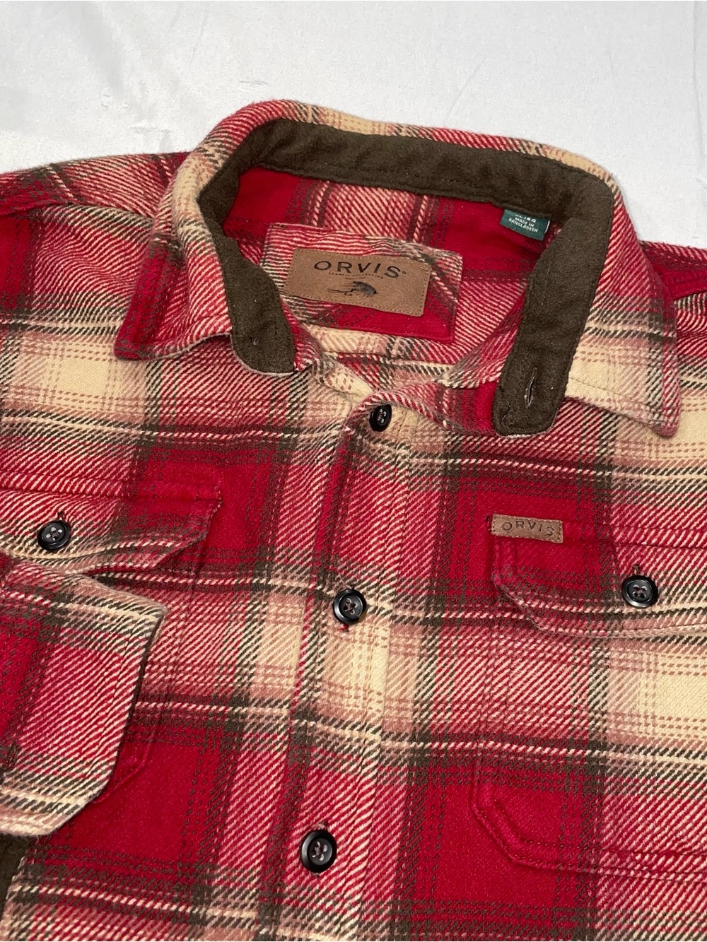 Orvis Mens XL Red Plaid Flannel Button Down Shirt Cotton Fleece Lined Collar‎